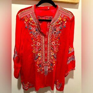 Johnny was women’s size XL red embroidered tunic blouse. Gorgeous flowy like new